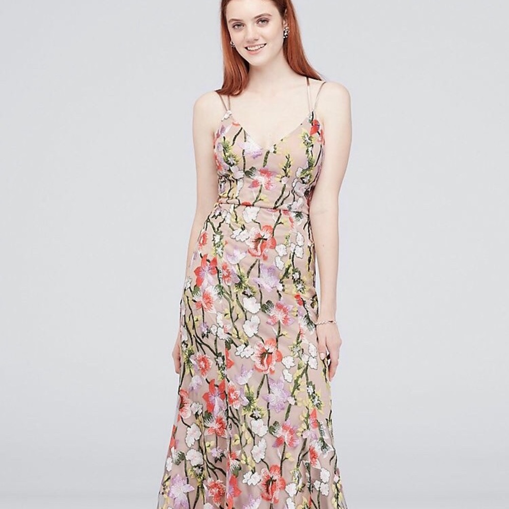 MERMAID GOWN WITH EMBROIDERED FLORAL MESH OVERLAY